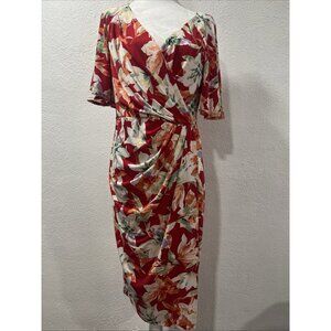 Maggy London Wrap Dress Size 10 Womans Red White Foral Knit Belle Sleeve
